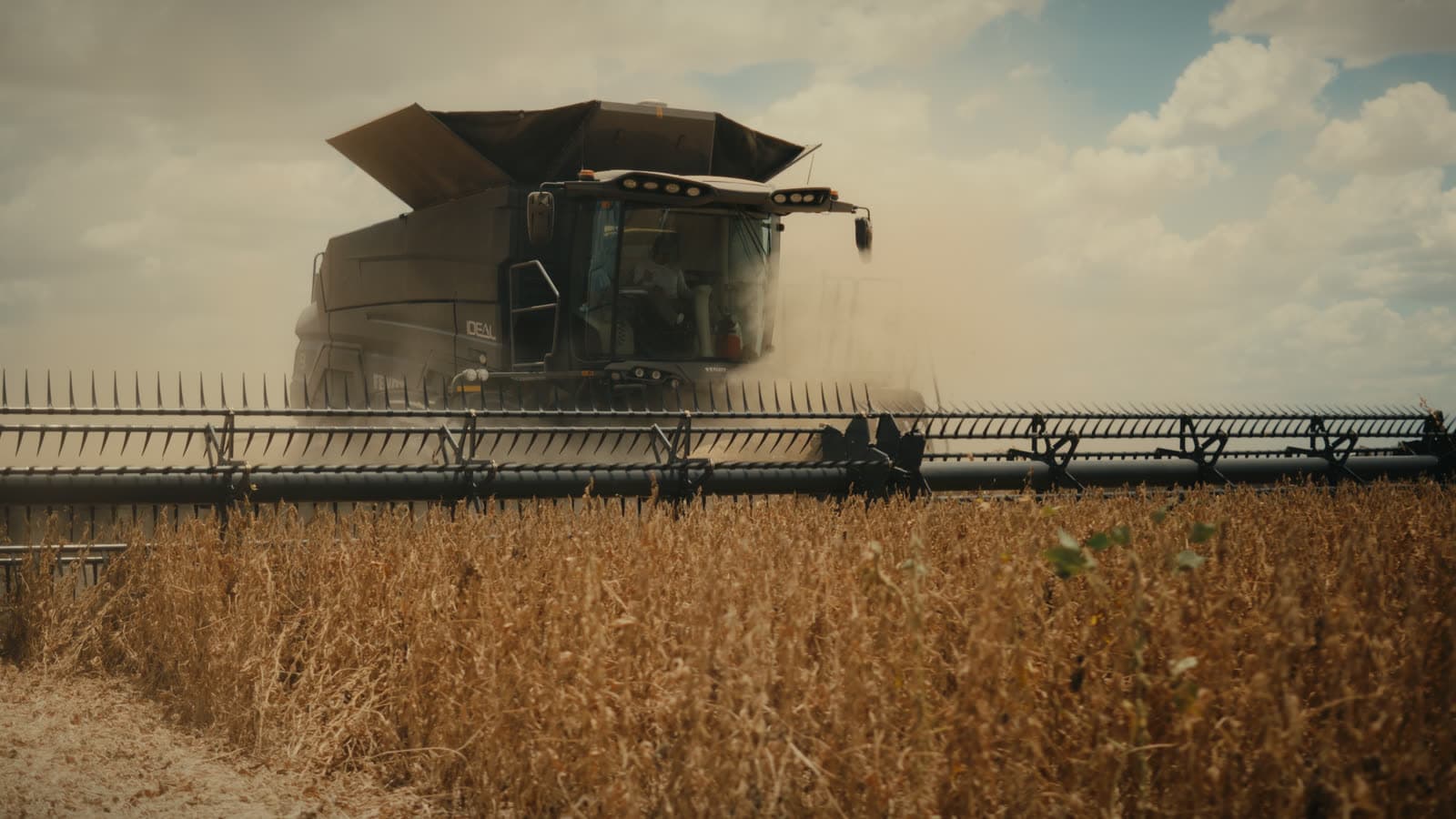 Colheitadeira em operação sob céu nublado, do filme Além do Campo para a Nossa Fendt.